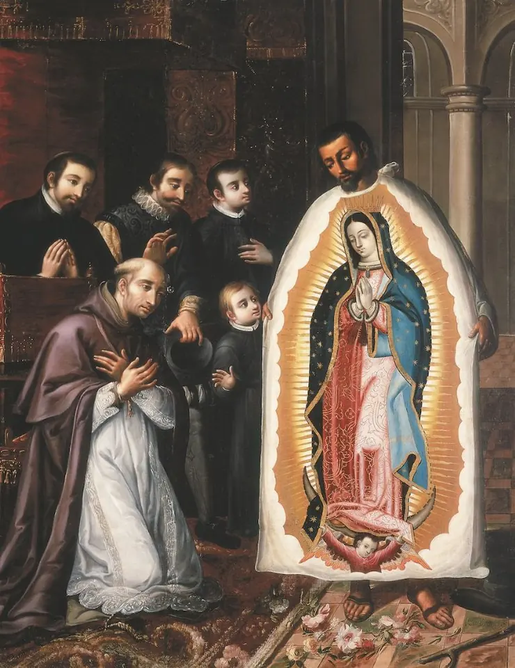 Pintura de Juan Correa: Juan Diego, de pie, sostiene abierta su tilma con la imagen de la Virgen de Guadalupe ante el obispo arrodillado y varios caballeros y un niño, con rosas en el suelo