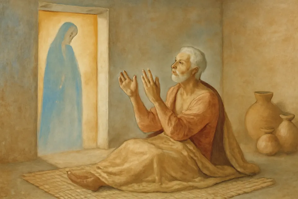 Ilustración al estilo de fresco de Juan Bernardino, un anciano indígena, que se incorpora sano en su petate mientras una luz suave llena su humilde casa
