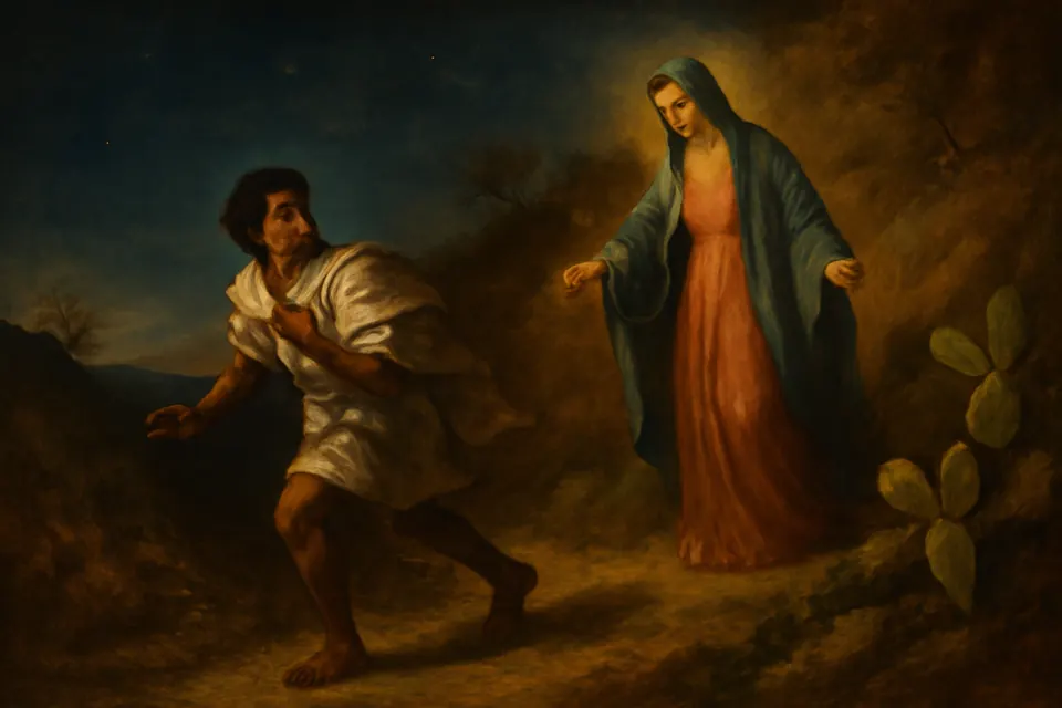 Ilustración al estilo de pintura al óleo de la Virgen que baja por la ladera del cerro, todavía de noche, al encuentro de Juan Diego, que había tomado otro camino