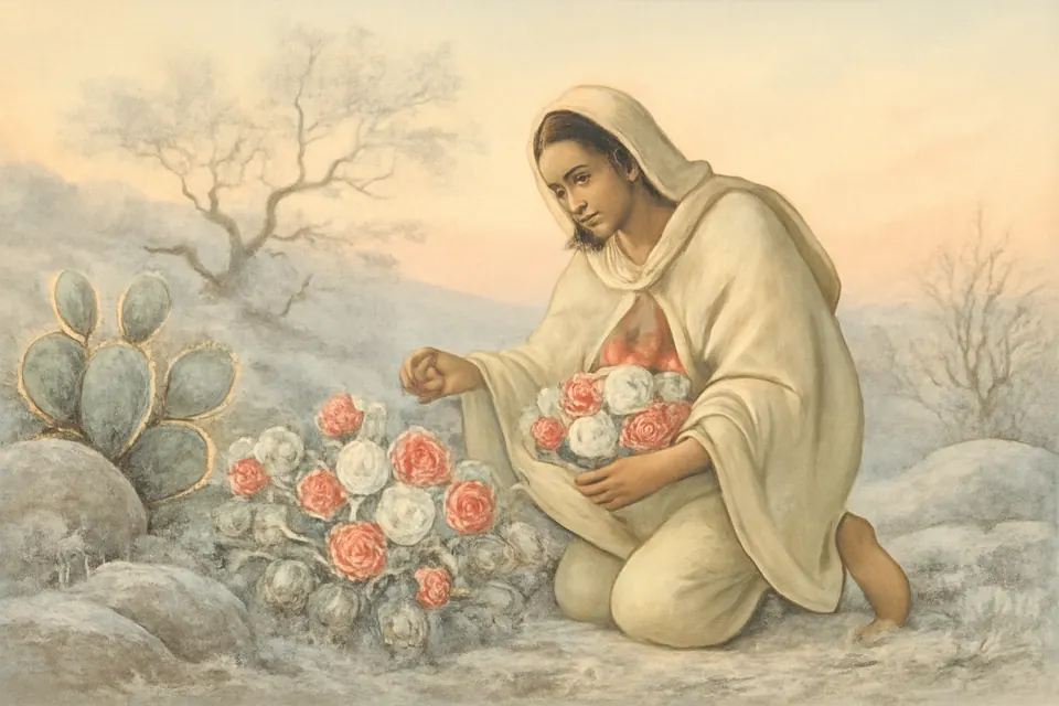 Ilustración en acuarela de Juan Diego que corta rosas de Castilla, cubiertas de escarcha y rocío, entre piedras y nopales en la cumbre del cerro