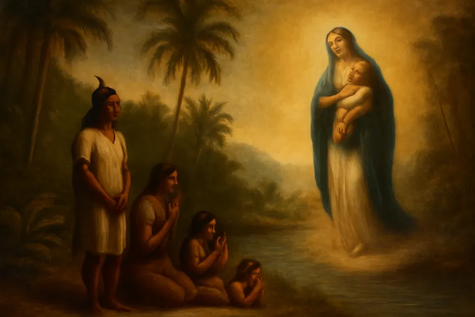 Ilustración en estilo óleo de una hermosa Señora con un Niño en brazos que se aparece sobre las aguas de una quebrada a un cacique indígena y a su familia en la selva de Venezuela