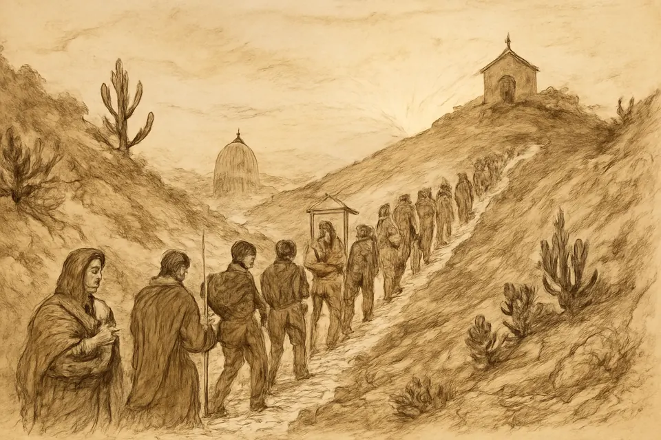 Ilustración en estilo dibujo a tinta de peregrinos que suben al amanecer por la ladera del cerro del Tepeyac con flores y estandartes sin letras