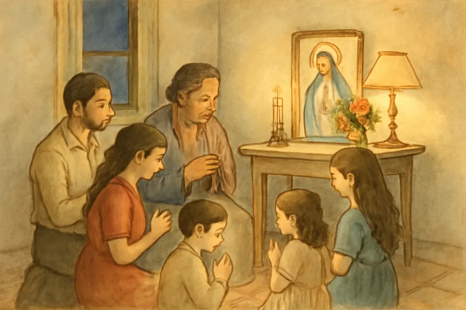 Ilustración en estilo acuarela de una familia latinoamericana que reza el rosario por la noche ante un pequeño altar de la Virgen en su casa