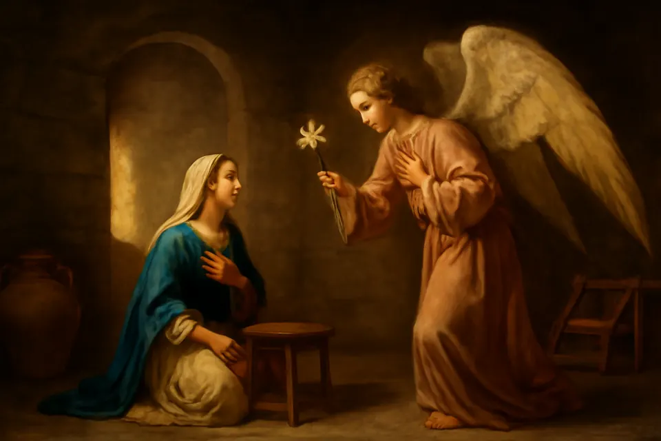 Ilustración en estilo óleo del arcángel Gabriel que se inclina ante la Virgen María en una casa humilde de Nazaret