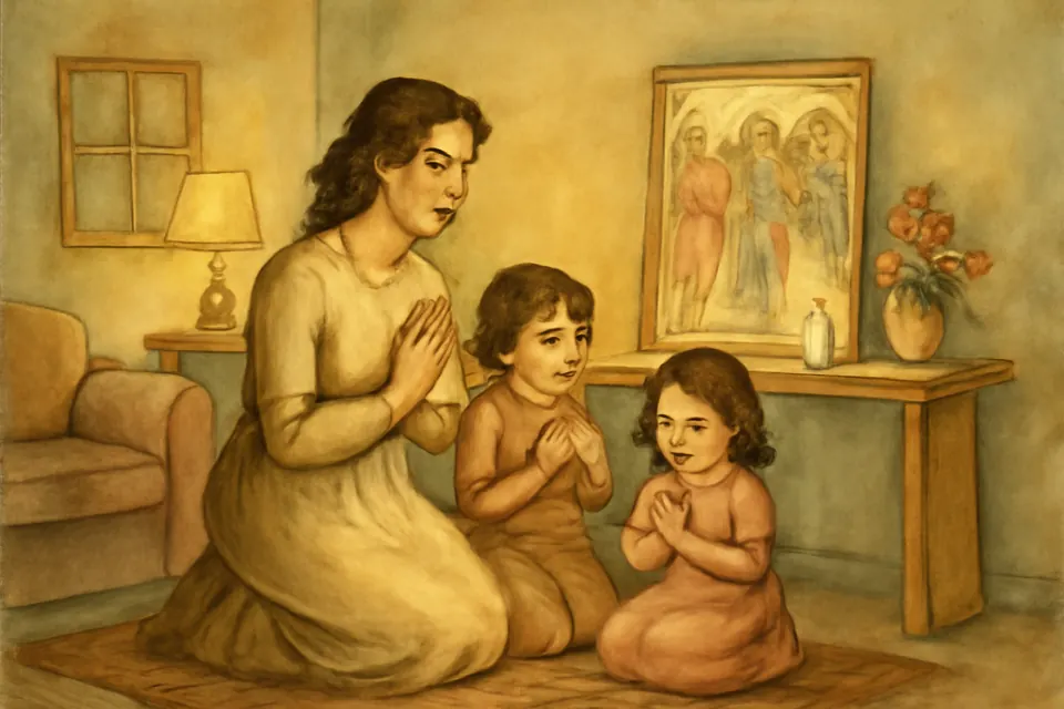 Ilustración en acuarela de una madre que enseña a sus dos hijos pequeños a rezar ante una pequeña imagen de los tres arcángeles en el altar de la casa