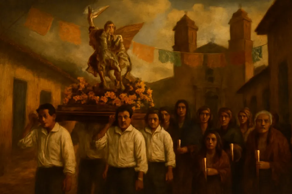 Ilustración en estilo óleo de una procesión en un pueblo mexicano con la imagen de San Miguel Arcángel llevada en andas entre flores y estandartes sin letras