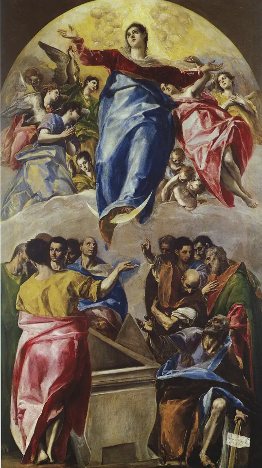 Pintura alargada de la Virgen con manto azul de pie sobre una luna creciente, elevada por ángeles, mientras los apóstoles se agolpan asombrados alrededor del sepulcro vacío