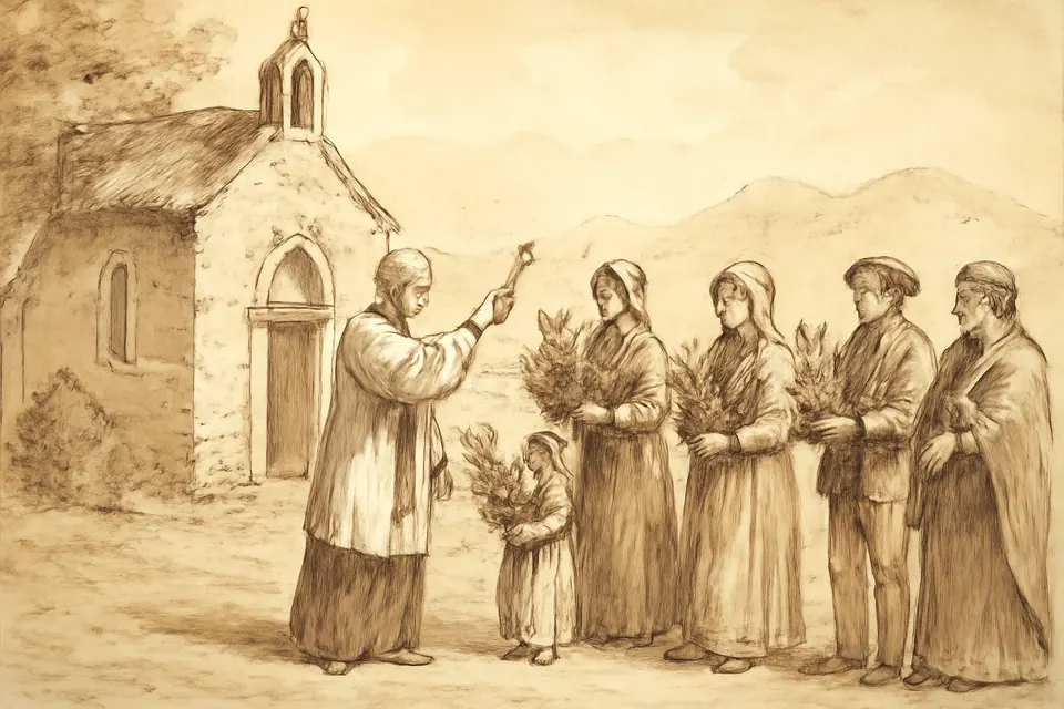 Ilustración en estilo dibujo a tinta de un sacerdote que bendice con agua bendita ramos de hierbas, flores y espigas que sostienen los fieles a la puerta de una iglesia