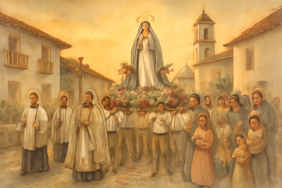 Ilustración en estilo acuarela de una procesión de la Virgen de la Asunción por las calles de un pueblo hispano en una tarde de agosto, con flores, velas y familias