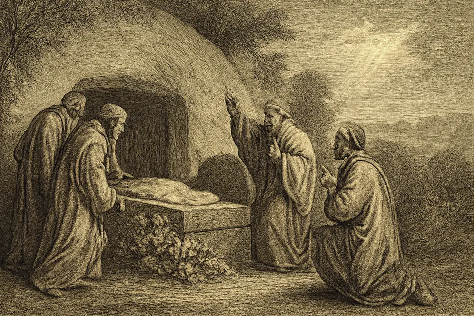 Ilustración en estilo grabado antiguo de los apóstoles que, asombrados, encuentran vacío el sepulcro de la Virgen y lleno de lirios y rosas
