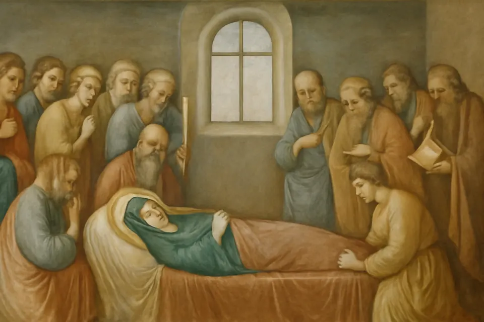 Ilustración en estilo fresco de los apóstoles reunidos en oración alrededor del lecho de la Virgen María, que descansa en paz con las manos juntas