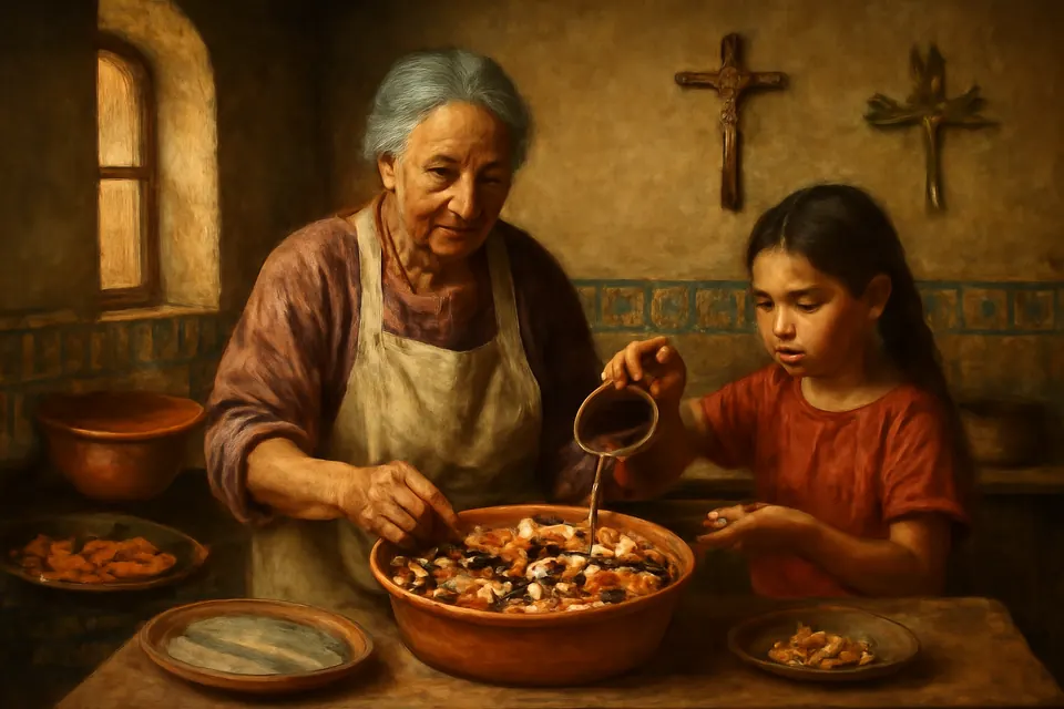 Ilustración en estilo óleo de una abuela y su nieta preparando capirotada y tortitas de camarón en una cocina mexicana durante la Cuaresma