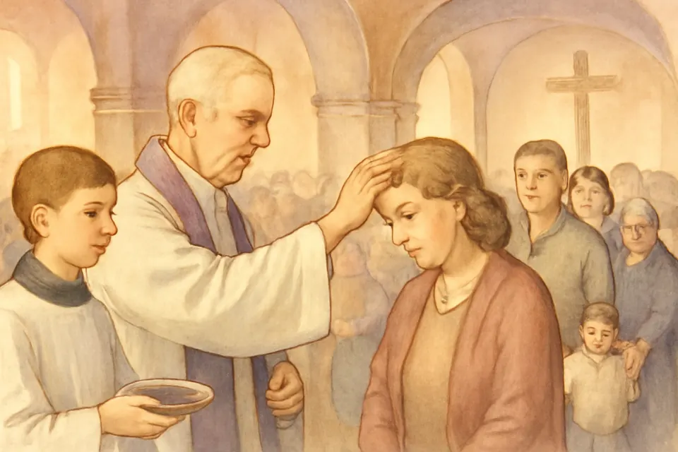 Ilustración en estilo acuarela de un sacerdote que traza la cruz de ceniza en la frente de una mujer en una parroquia latinoamericana llena de fieles