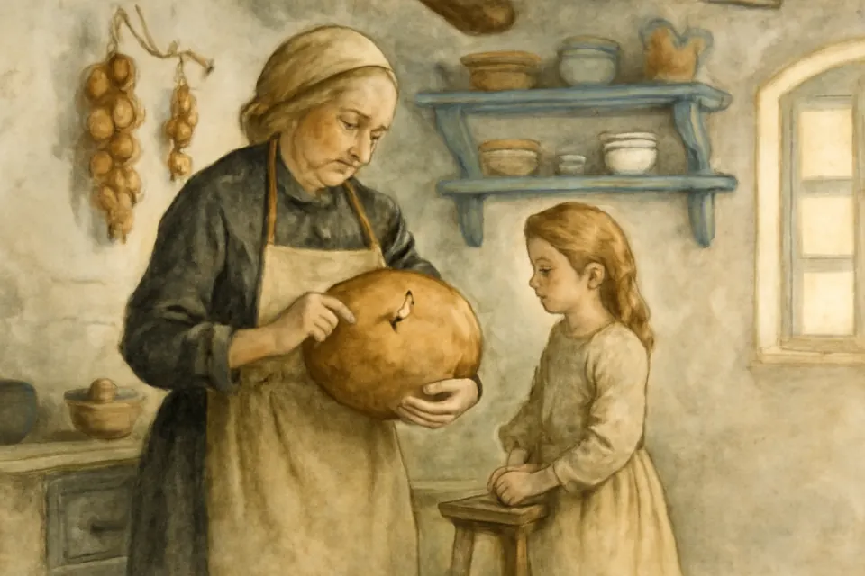 Ilustración en estilo acuarela de una abuela que traza una cruz con el cuchillo sobre una hogaza de pan antes de partirla, mientras su nieta la observa
