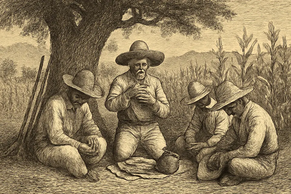 Ilustración en estilo grabado de campesinos que se quitan el sombrero y se santiguan antes de almorzar a la sombra de un árbol, junto a un campo de maíz