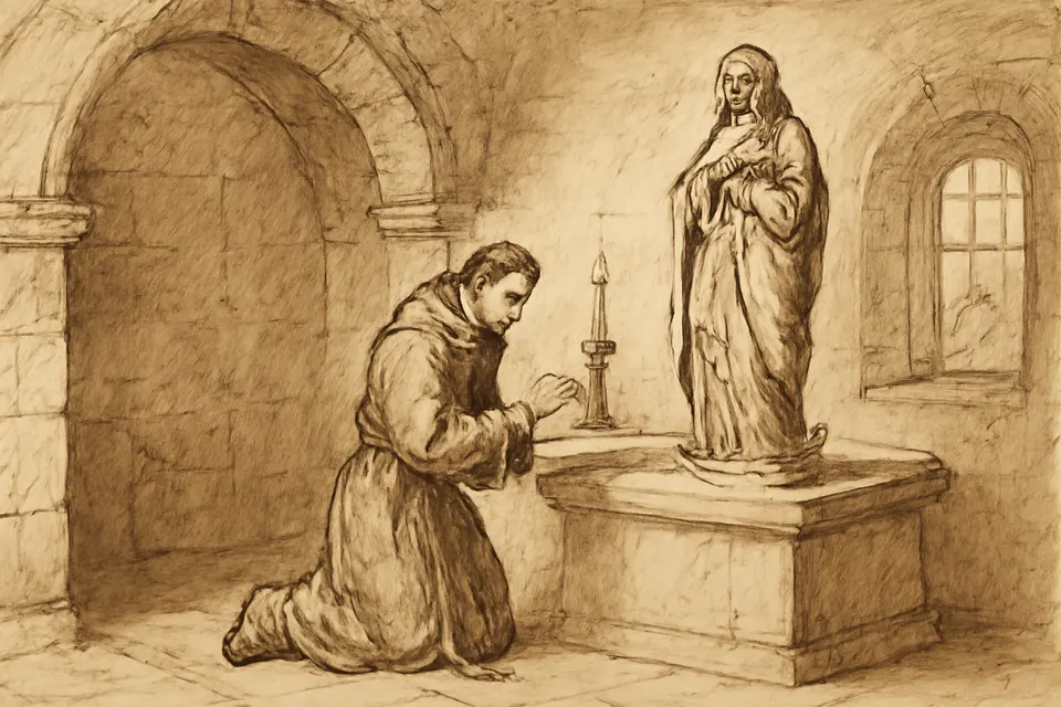 Ilustración en estilo tinta de un fraile franciscano descalzo del siglo XVII que coloca una hoja de papel al pie de una imagen de la Inmaculada en la capilla de un convento