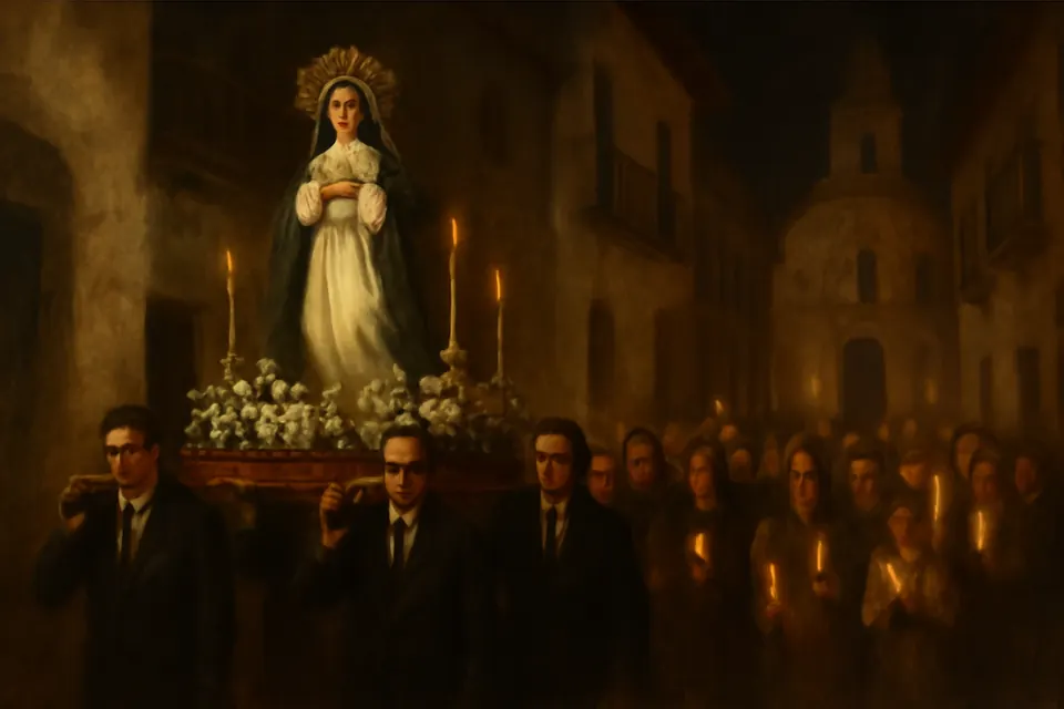 Ilustración en estilo óleo de una procesión nocturna con la imagen de la Inmaculada llevada en andas entre velas y flores blancas por las calles de un pueblo