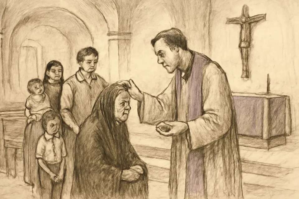 Ilustración en estilo tinta de un sacerdote que impone la ceniza en la frente de los fieles en una iglesia de pueblo el Miércoles de Ceniza