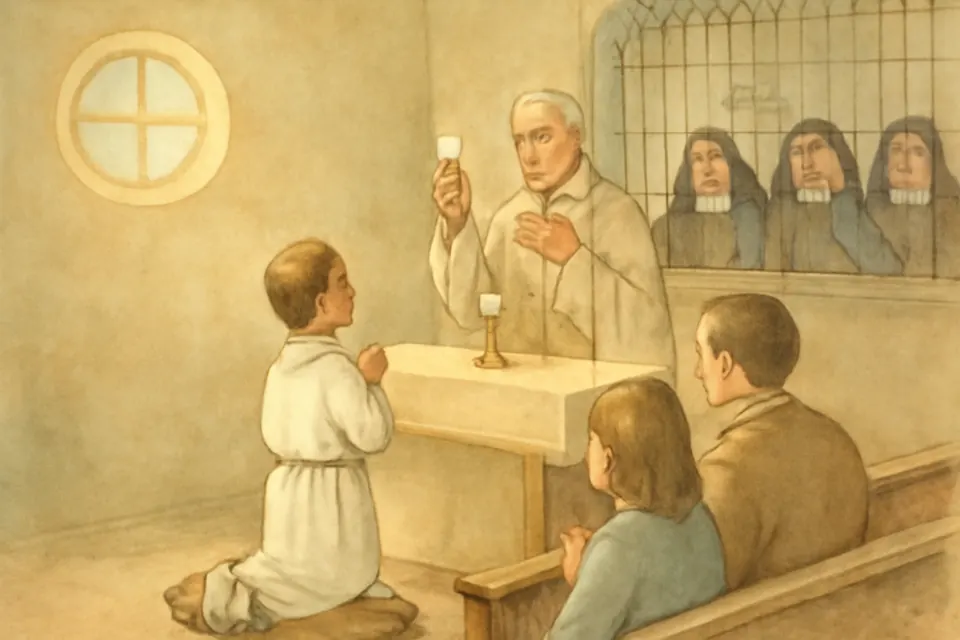 Ilustración en acuarela de un niño de siete años con alba blanca, visto de espaldas, que recibe la primera comunión en la capilla de un monasterio de monjas de clausura