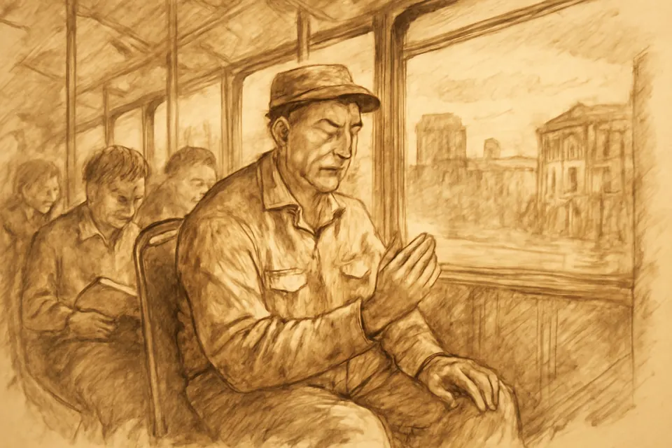 Ilustración en estilo tinta de un trabajador que reza el Rosario contando las Avemarías con los dedos durante el viaje en autobús