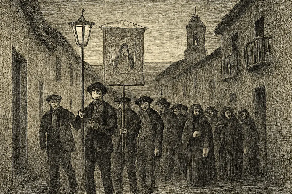 Ilustración en estilo grabado de un Rosario de la aurora, una procesión al amanecer por la calle de un pueblo español con faroles y un estandarte de la Virgen