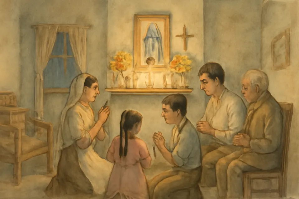 Ilustración en estilo acuarela de una familia mexicana que reza el Rosario de rodillas ante un pequeño altar doméstico con veladoras y flores