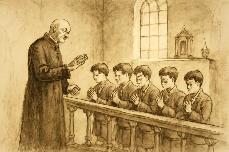 Dibujo a tinta de un sacerdote con sotana que enseña a rezar a un grupo de niños arrodillados en la capilla de un colegio de principios del siglo XX