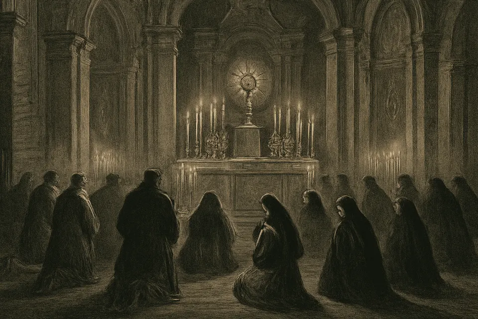 Ilustración en estilo grabado de fieles del siglo XVIII arrodillados en una iglesia española ante la custodia expuesta entre muchas velas, durante las Cuarenta Horas