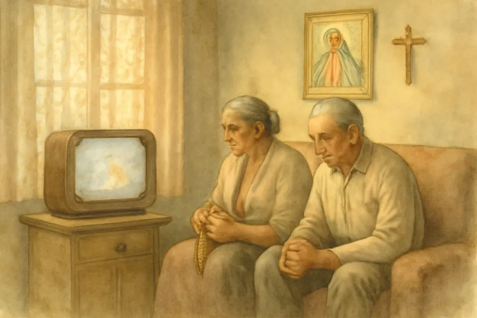 Ilustración en acuarela de un matrimonio de ancianos que sigue la misa desde la sala de su casa, ella con un rosario y él con las manos juntas