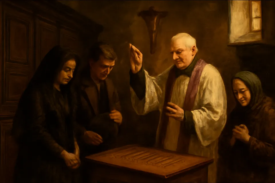 Ilustración de estilo óleo de un sacerdote anciano que bendice con la mano derecha unas coronillas de cuentas que le presentan varios fieles en la sacristía