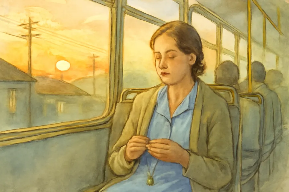 Ilustración en estilo acuarela de una enfermera que reza la coronilla de San Miguel sentada junto a la ventana de un autobús al amanecer, camino del trabajo
