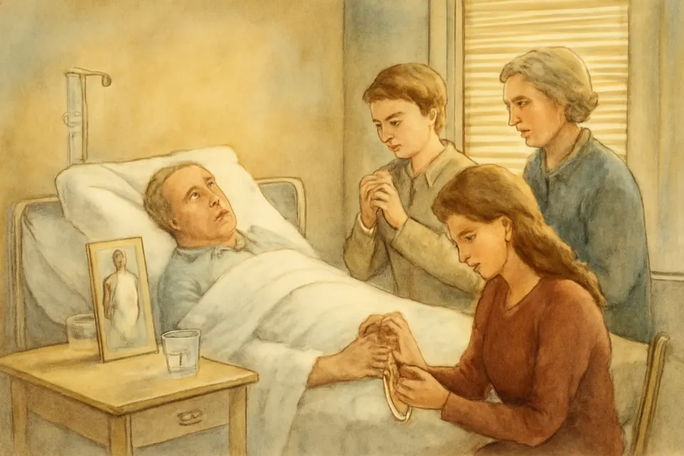 Ilustración en acuarela de una familia que reza la coronilla con rosarios junto a la cama de hospital de un anciano