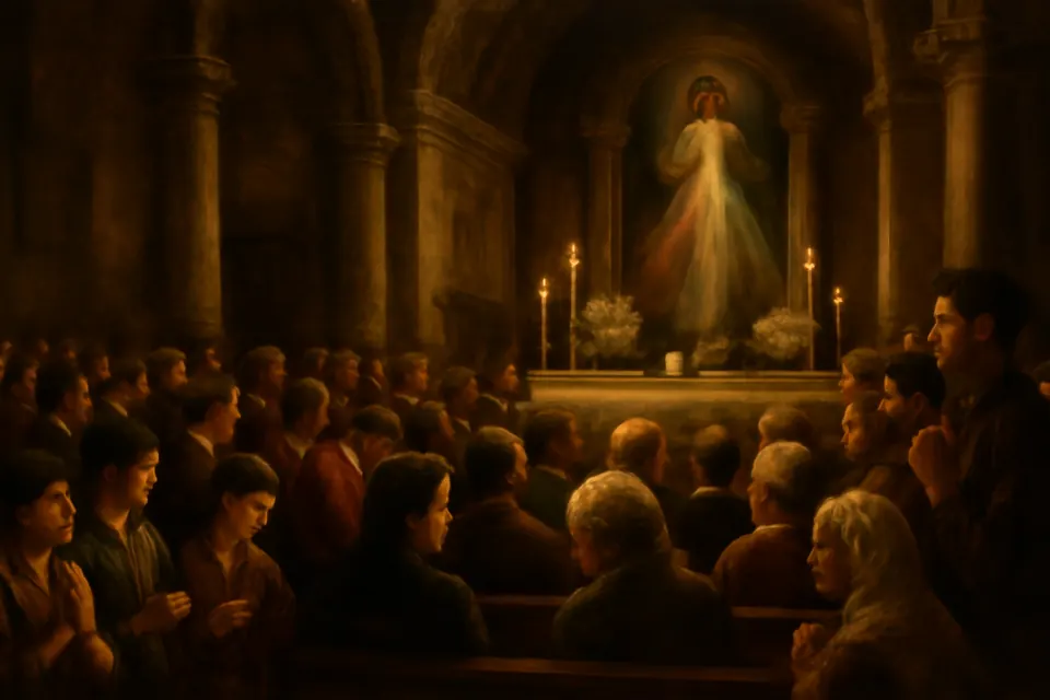 Ilustración en estilo óleo de una parroquia latinoamericana llena de fieles que rezan juntos la coronilla el Domingo de la Misericordia ante una imagen de Jesús misericordioso