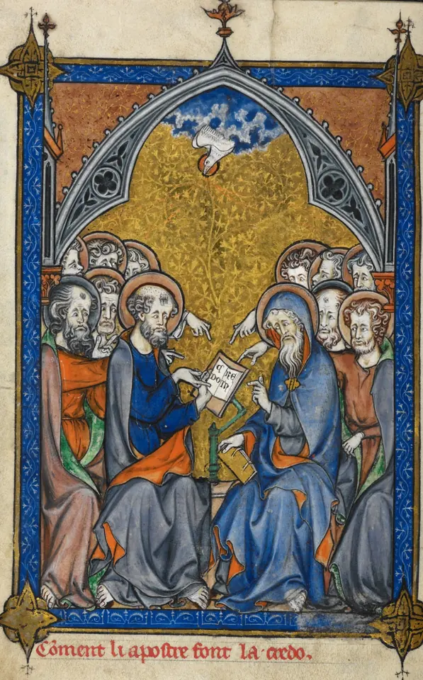 Miniatura medieval en la que los doce apóstoles, sentados bajo un arco gótico con fondo de oro, reciben al Espíritu Santo en forma de paloma mientras dos de ellos sostienen un pergamino