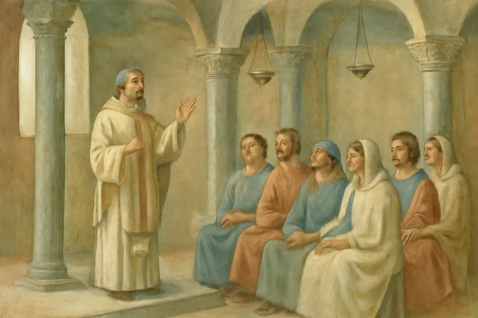 Ilustración en estilo fresco de un obispo de la Iglesia antigua que, en una basílica romana, recita el Credo ante un grupo de catecúmenos vestidos de blanco que escuchan con atención