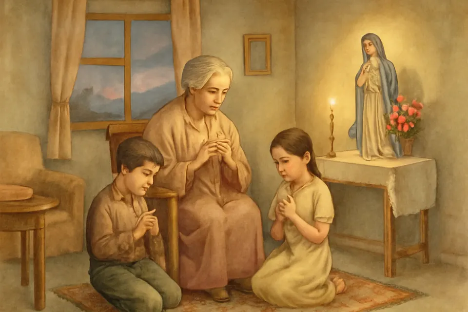 Ilustración en estilo acuarela de una abuela y dos nietos que comienzan el Rosario en la sala de su casa, la abuela con el crucifijo del rosario entre los dedos
