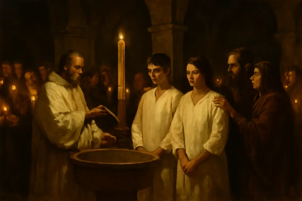 Ilustración en estilo óleo de la Vigilia Pascual en una iglesia a oscuras, donde los fieles sostienen velas encendidas y renuevan sus promesas bautismales junto a la pila
