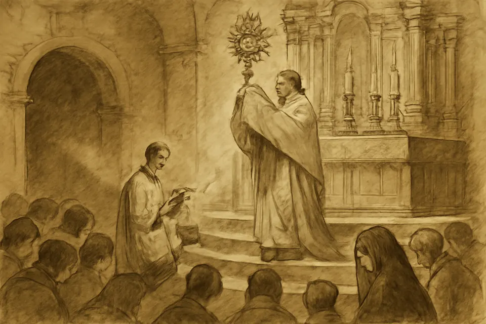 Ilustración en estilo tinta de la bendición con el Santísimo en una iglesia colonial, con el sacerdote que levanta la custodia ante los fieles arrodillados