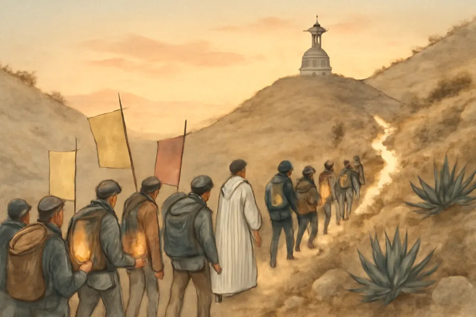 Ilustración en estilo acuarela de jóvenes peregrinos que suben de noche un cerro de Guanajuato hacia el monumento de Cristo Rey, con linternas y estandartes