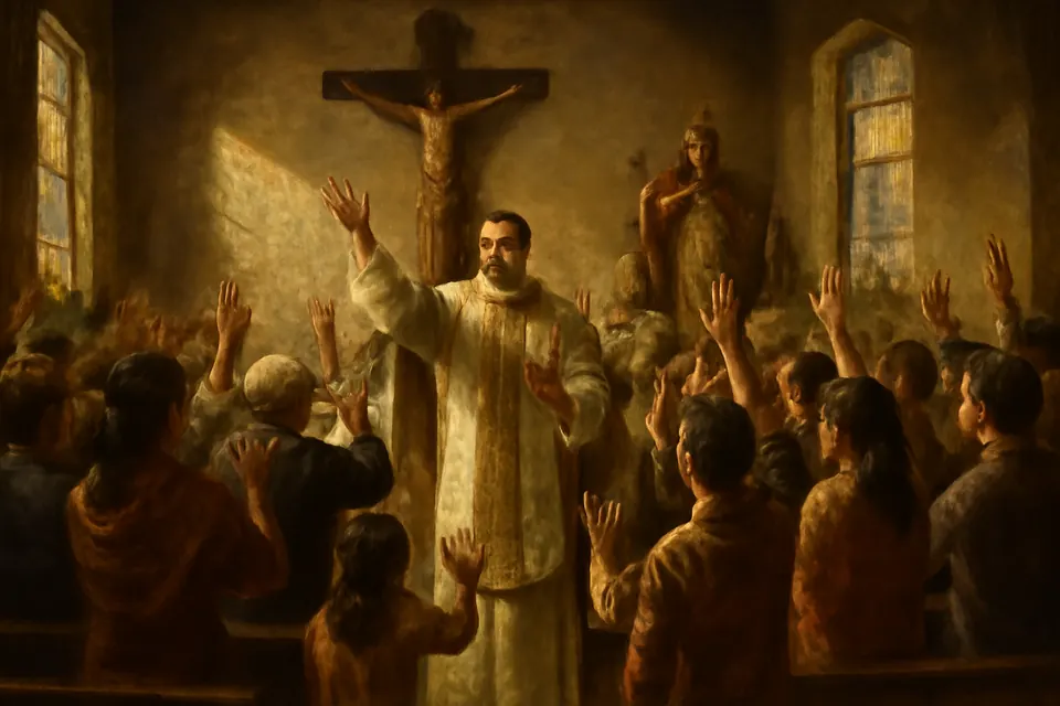 Ilustración en estilo óleo de una parroquia hispana al final de la Misa de Cristo Rey, con el sacerdote de blanco y los fieles que levantan la mano y aclaman a Cristo
