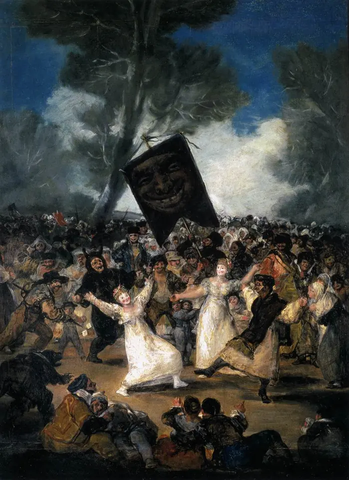 Pintura de Goya de una multitud enmascarada que baila al aire libre en las afueras de Madrid alrededor de un gran estandarte oscuro con una cara sonriente, en la fiesta del entierro de la sardina