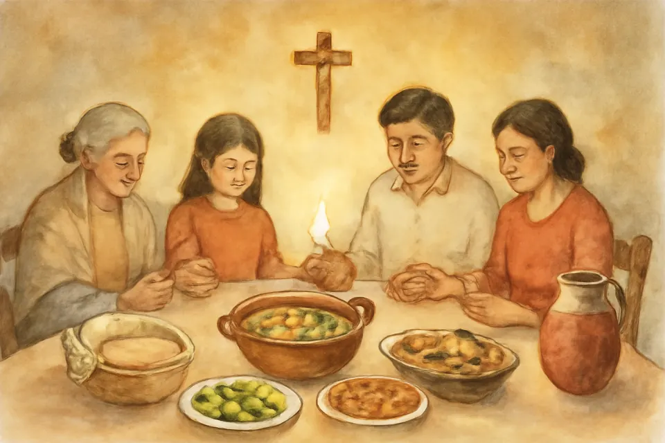 Ilustración en estilo acuarela de una familia mexicana que bendice la mesa un viernes de Cuaresma, con capirotada, caldo de pescado y tortillas