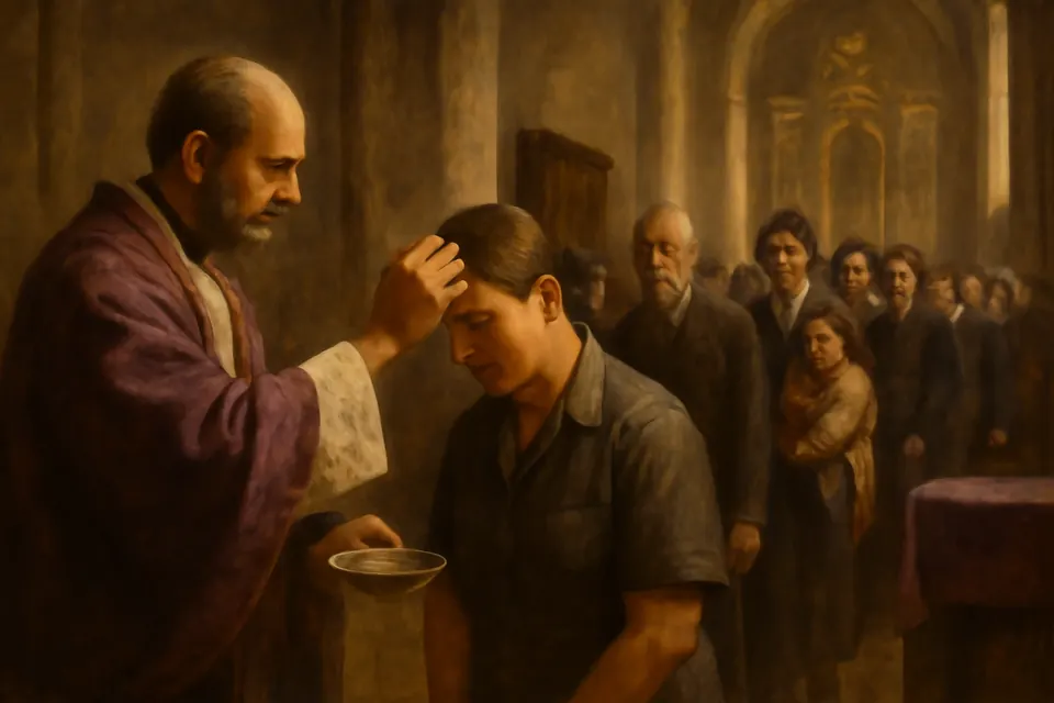 Ilustración en estilo óleo de un sacerdote que impone la ceniza en la frente de una mujer, ante una larga fila de fieles en una parroquia mexicana el Miércoles de Ceniza