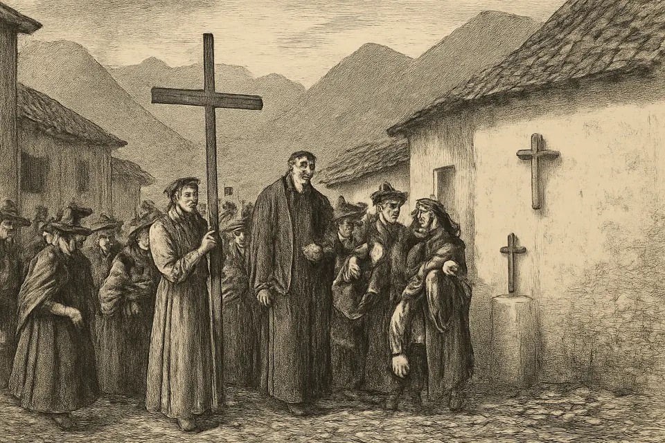 Ilustración en estilo grabado de un vía crucis por las calles empedradas de un pueblo andino un viernes de Cuaresma, detrás de una cruz de madera