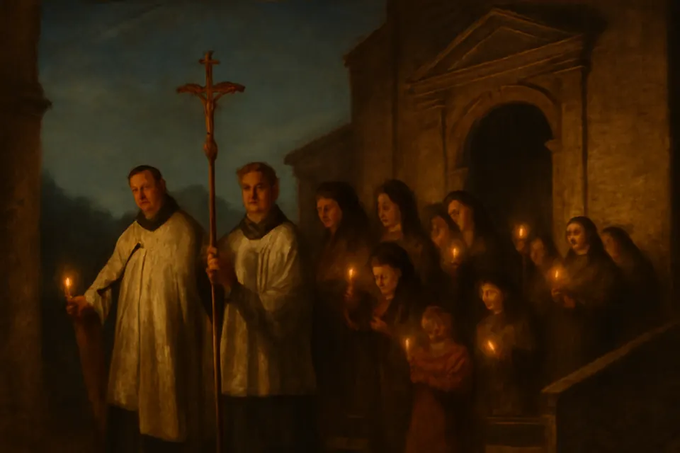 Ilustración en estilo óleo de una procesión de fieles con velas encendidas que entra a una iglesia el día de la Presentación del Señor, detrás de un sacerdote con capa blanca