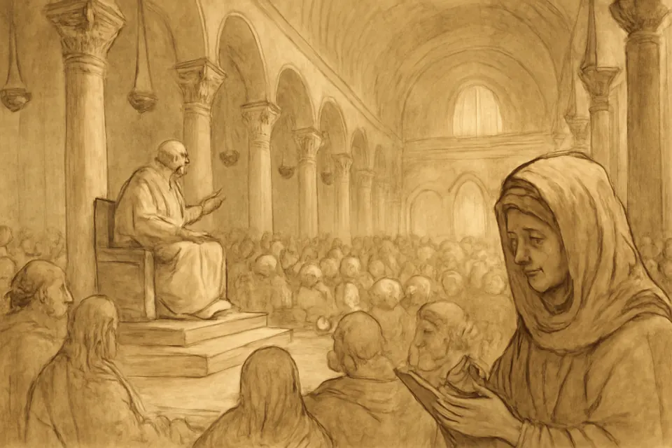 Ilustración en estilo tinta de la peregrina Egeria, que escucha la predicación del obispo en la iglesia de la Resurrección de Jerusalén en el siglo IV