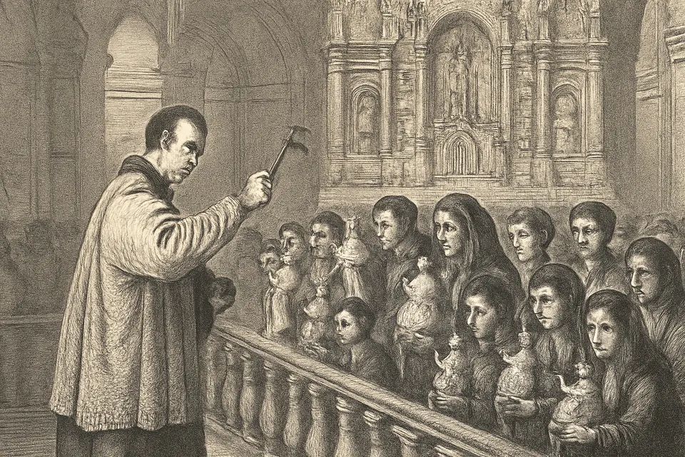 Ilustración en estilo grabado de un sacerdote que bendice con agua bendita las imágenes del Niño Dios que las familias sostienen en brazos ante el altar el 2 de febrero