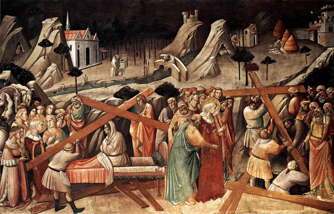 Fresco de una multitud alrededor de tres grandes cruces de madera recién desenterradas, mientras una mujer enferma tendida en un lecho es sanada al tocar una de ellas, con montañas rocosas al fondo