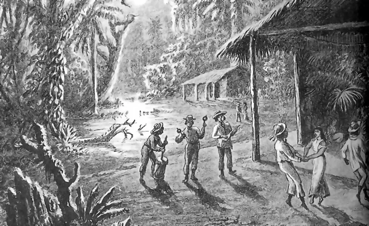 Dibujo en blanco y negro de una noche de fiesta en un claro entre palmeras de Venezuela, con parejas que bailan y músicos frente a una choza con techo de palma