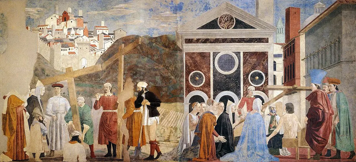 Fresco en dos escenas, a la izquierda unos obreros que desentierran cruces de madera ante la emperatriz y sus damas, a la derecha un joven que se incorpora al tocar la cruz ante una iglesia de mármol